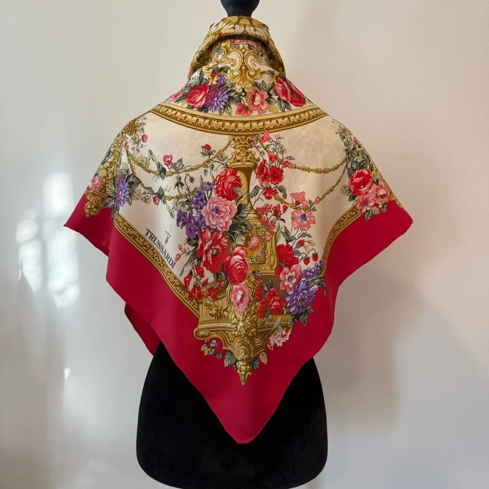 Trussardi Red and Gold Ornate Floral Scarf